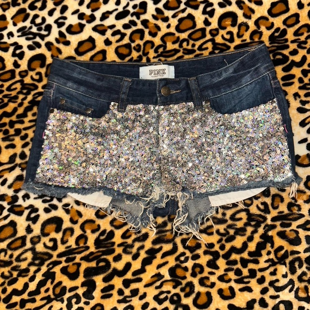 Y2k PINK Victoria’s Secret Sequin Low Rise Cut Off Denim Mini Shorts